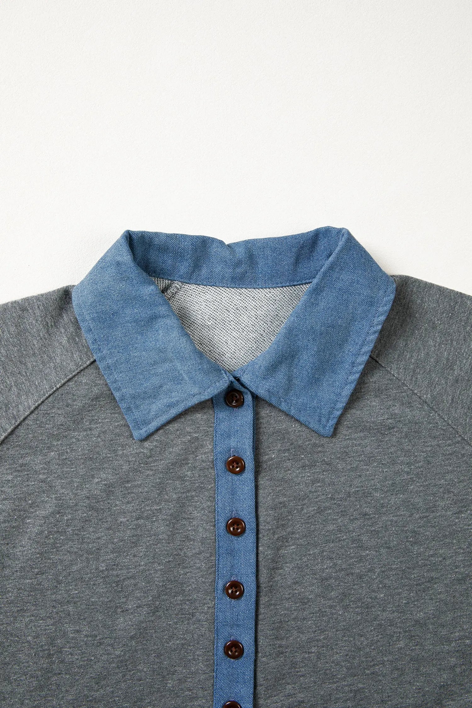 Carbon Grey Denim Color Block Patchwork Shirt Collar Short Sleeve Blouse Nataliz
