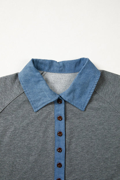 Carbon Grey Denim Color Block Patchwork Shirt Collar Short Sleeve Blouse Nataliz
