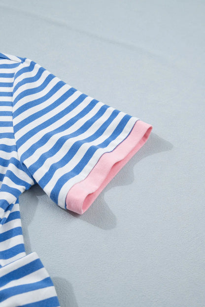 Sky Blue Stripe Nautical Tie Contrast Trim Round Neck T Shirt Mini Dress Nataliz