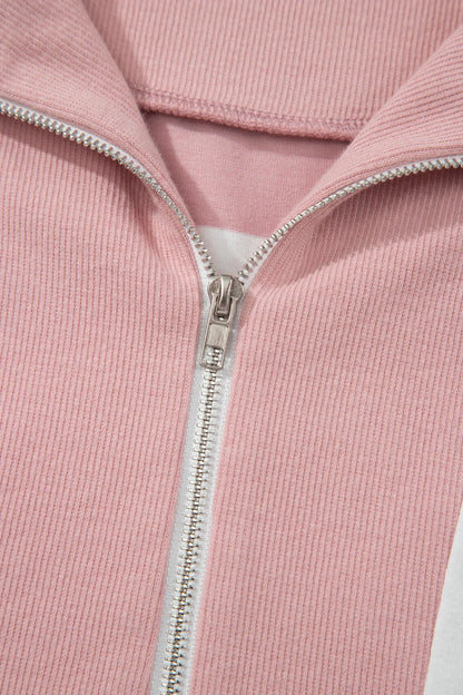 Pink Stripe Half Zip Bracelet Sleeve Top Casual Short Set