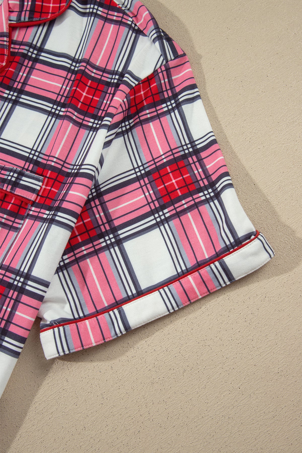 Red Plus Size Short Sleeve Button Down Plaid Pajama 2pcs Pant Set