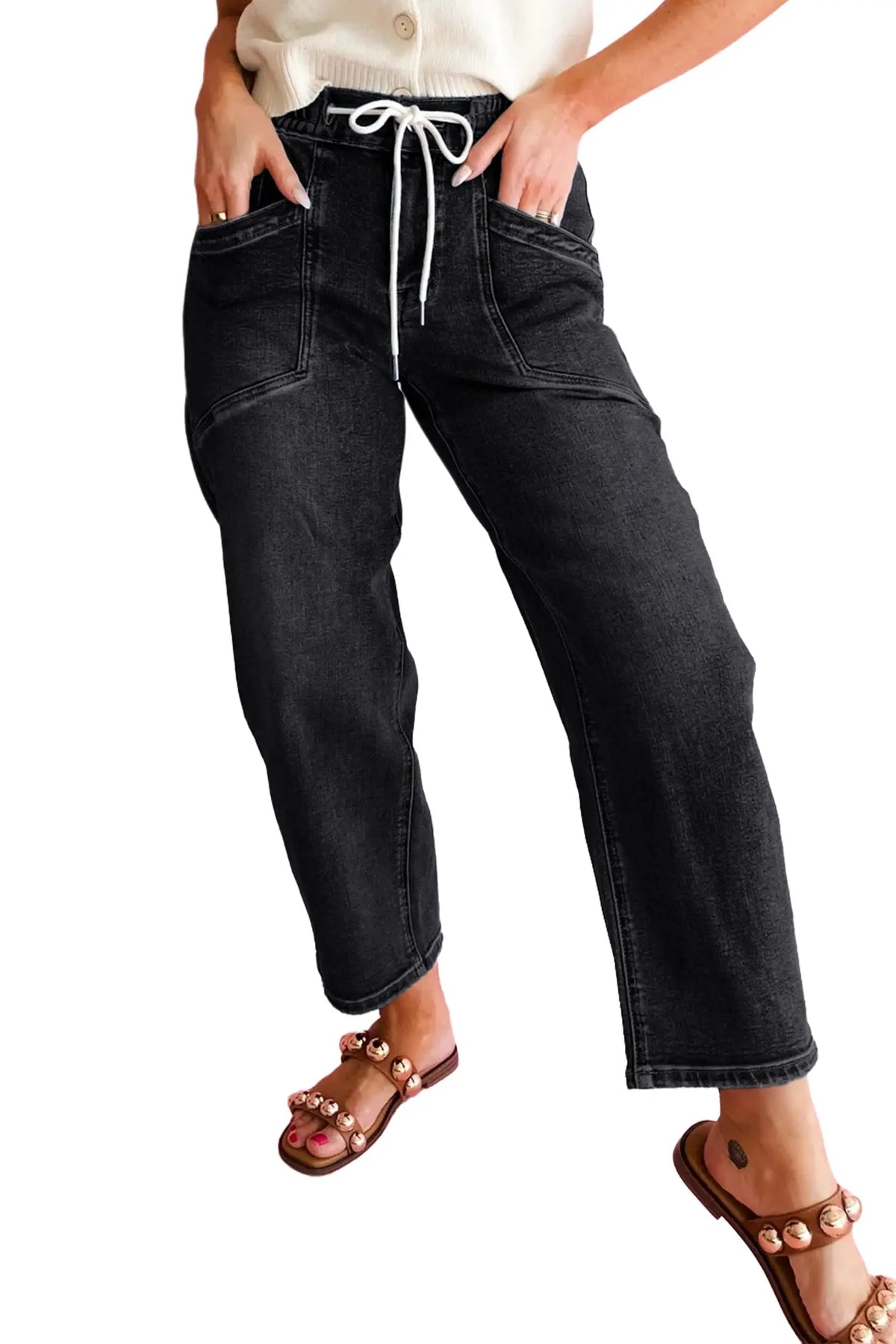Black Drawstring Waist Ankle Length Casual Jeans model front view · nz-alt-v1