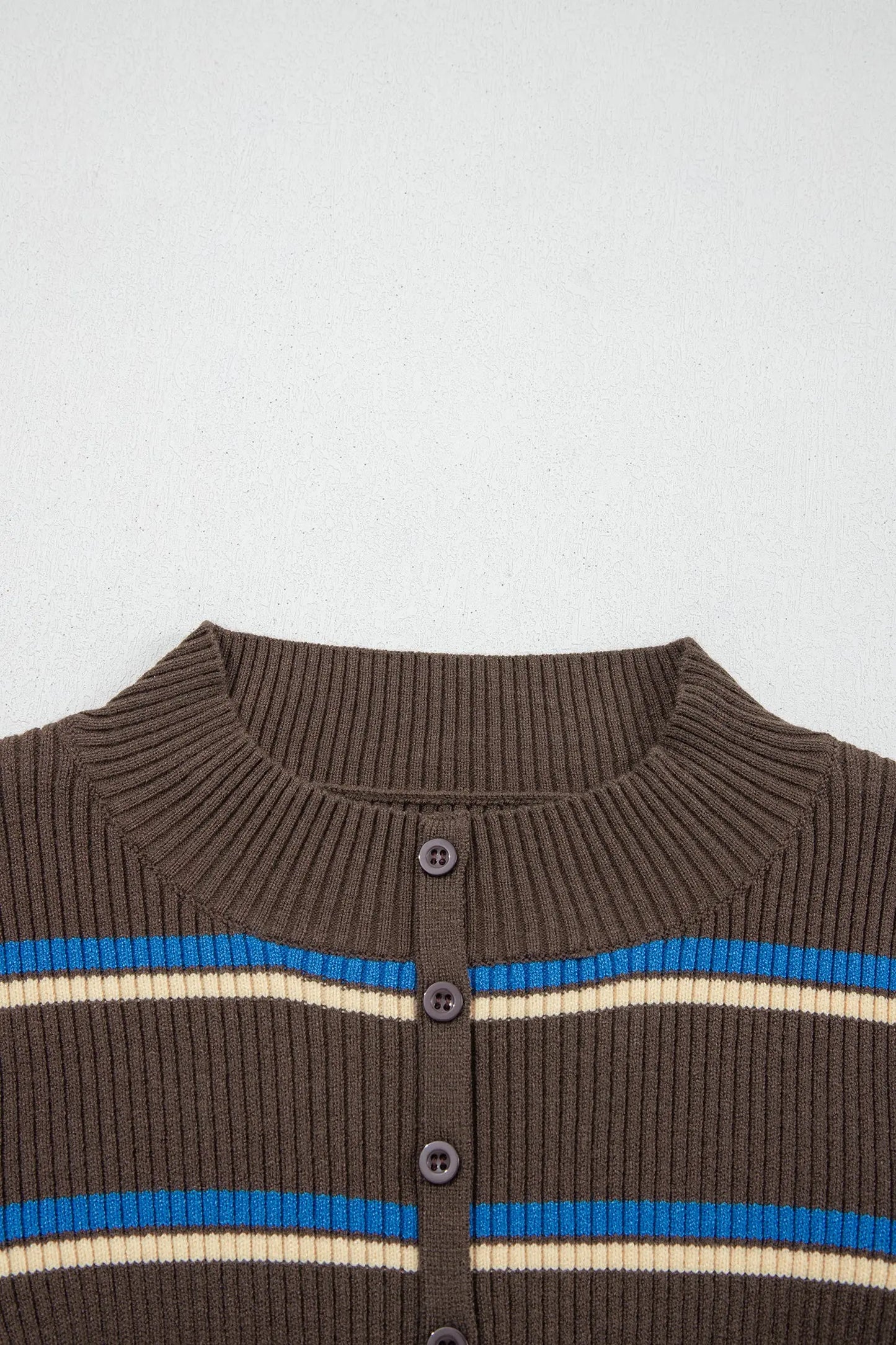 Chicory Coffee Ribbed Knit Contrast Cuff Henley Button Sweater
