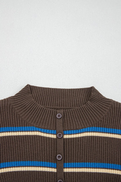 Chicory Coffee Ribbed Knit Contrast Cuff Henley Button Sweater