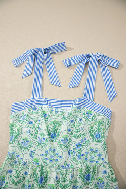Green Geometric Floral Print Striped Patchwork Detail Sleeveless Dress（Runs Small ）