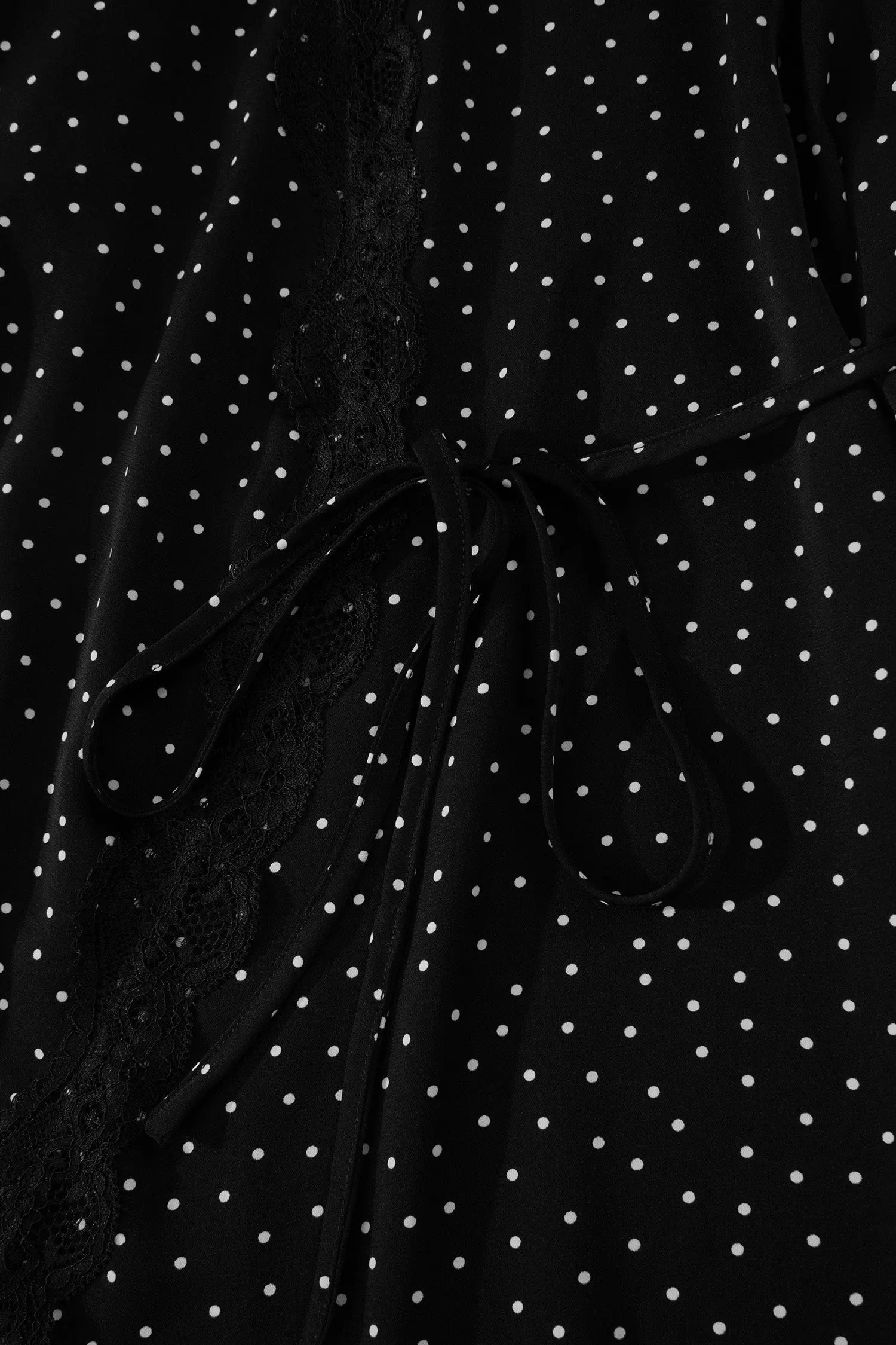 Black Polka Dot Print Lace Trim Wrap Mini Dress - Casual Dresses
