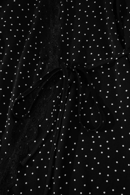 Black Polka Dot Print Lace Trim Wrap Mini Dress - Casual Dresses