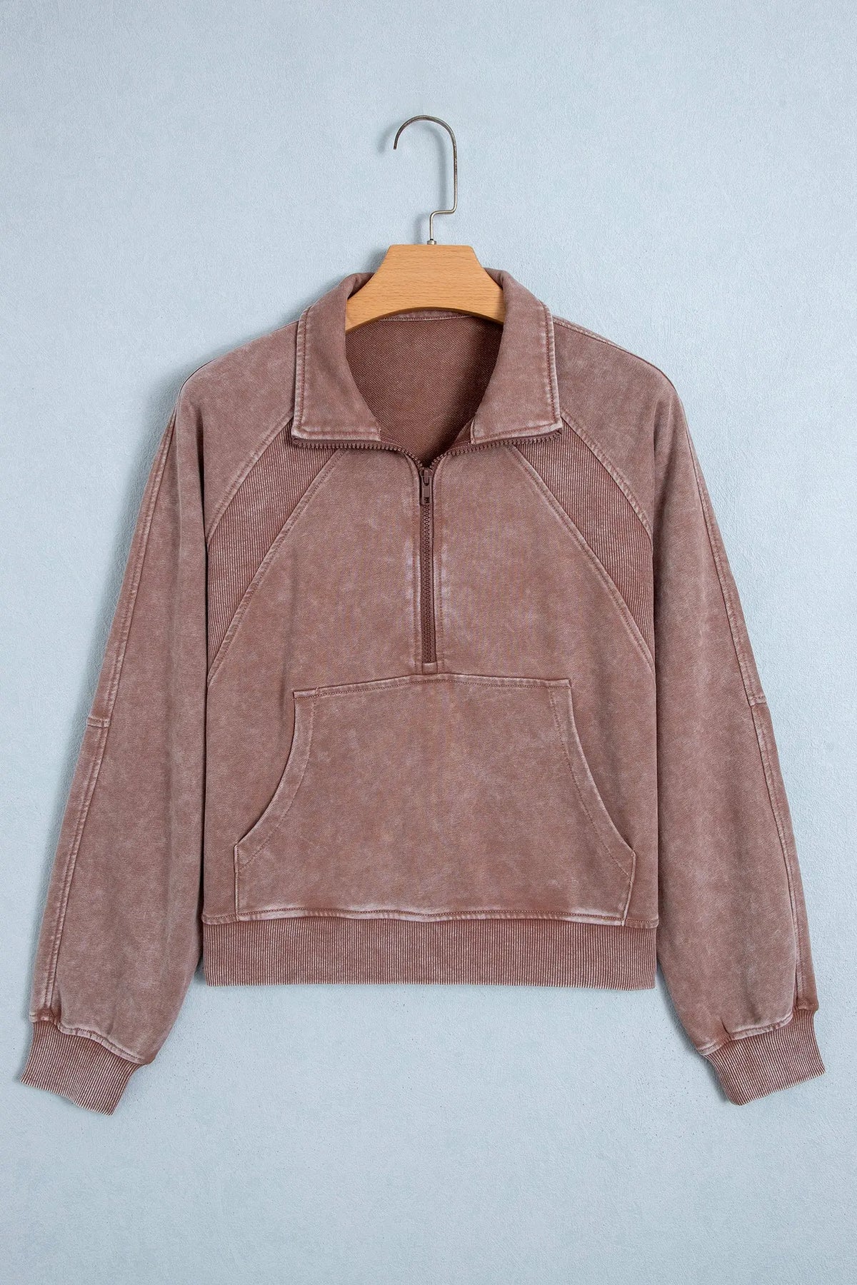 Chestnut vintage half-zip long sleeve ribbed sweatshirt hanging view · nz-alt-v1