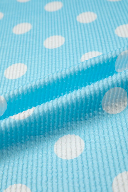 Sky Blue Polka Dot Round Neck Drop Shoulder Patch Pocket Jacquard Texture Top Nataliz