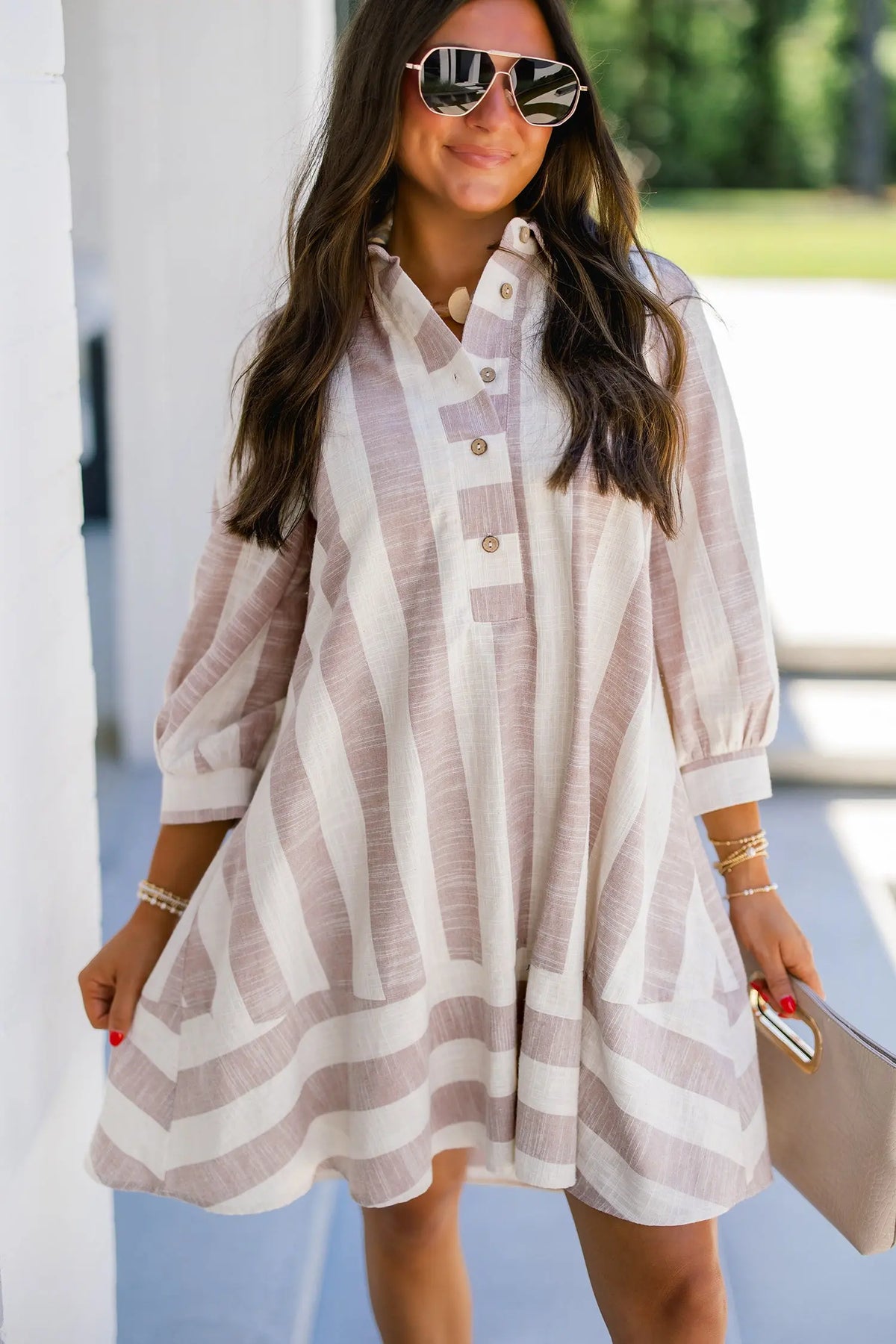 Khaki Stripe Button-Up Three-Quarter Sleeve Shift Dress model front view · nz-alt-v1