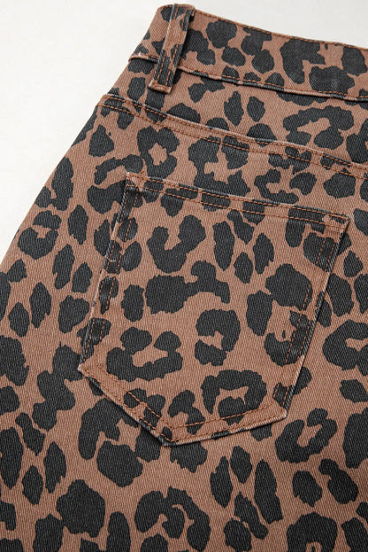 Brown Leopard Print Side Split Frayed Hem Denim Midi Skirt