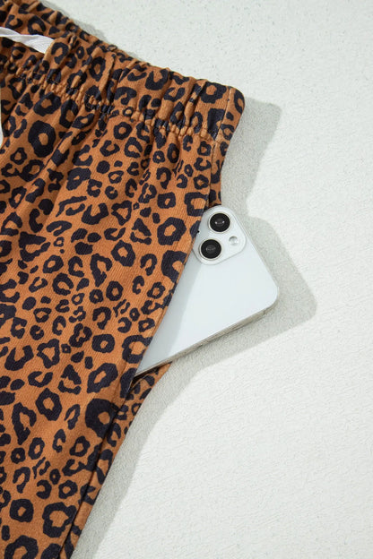 Brown Leopard Print Long Sleeve Top Relaxed Pant Set