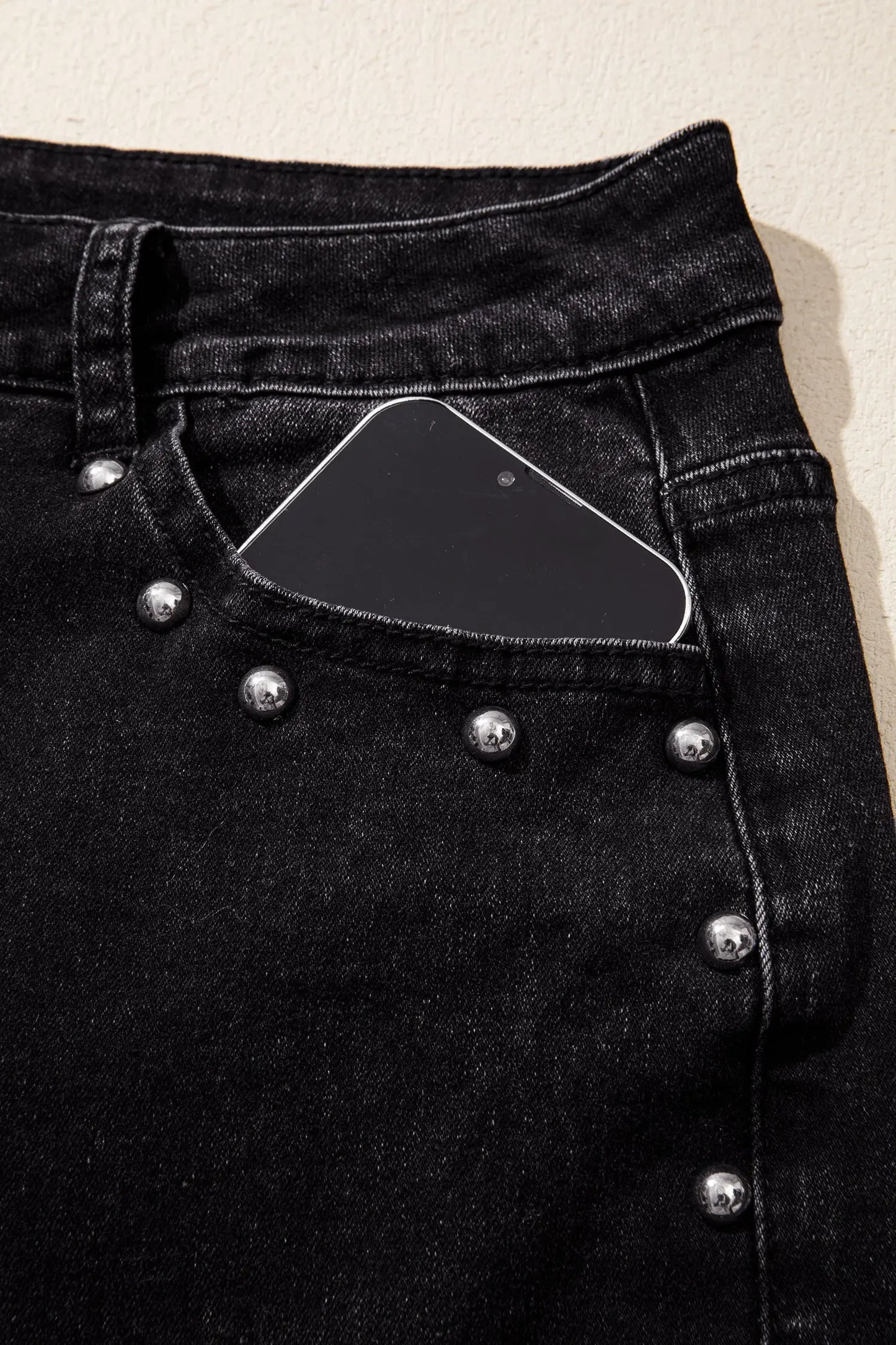 Black Studded Detail Straight Leg Casual Loose Jeans