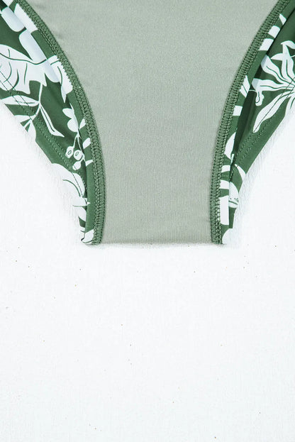 Four Leaf Clover O-ring Knot Back Straps Ricrac Trim V Neck Tankini Contrast Printed Swim Short 2pcs Set