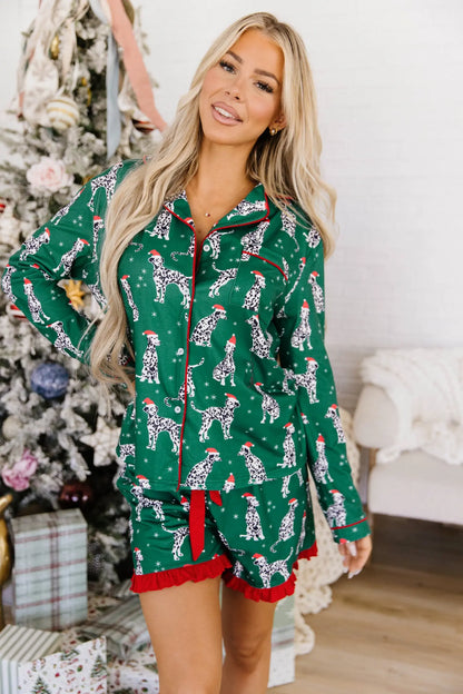 Green Long Sleeve Dog Print Two Piece Shift Lounge Set