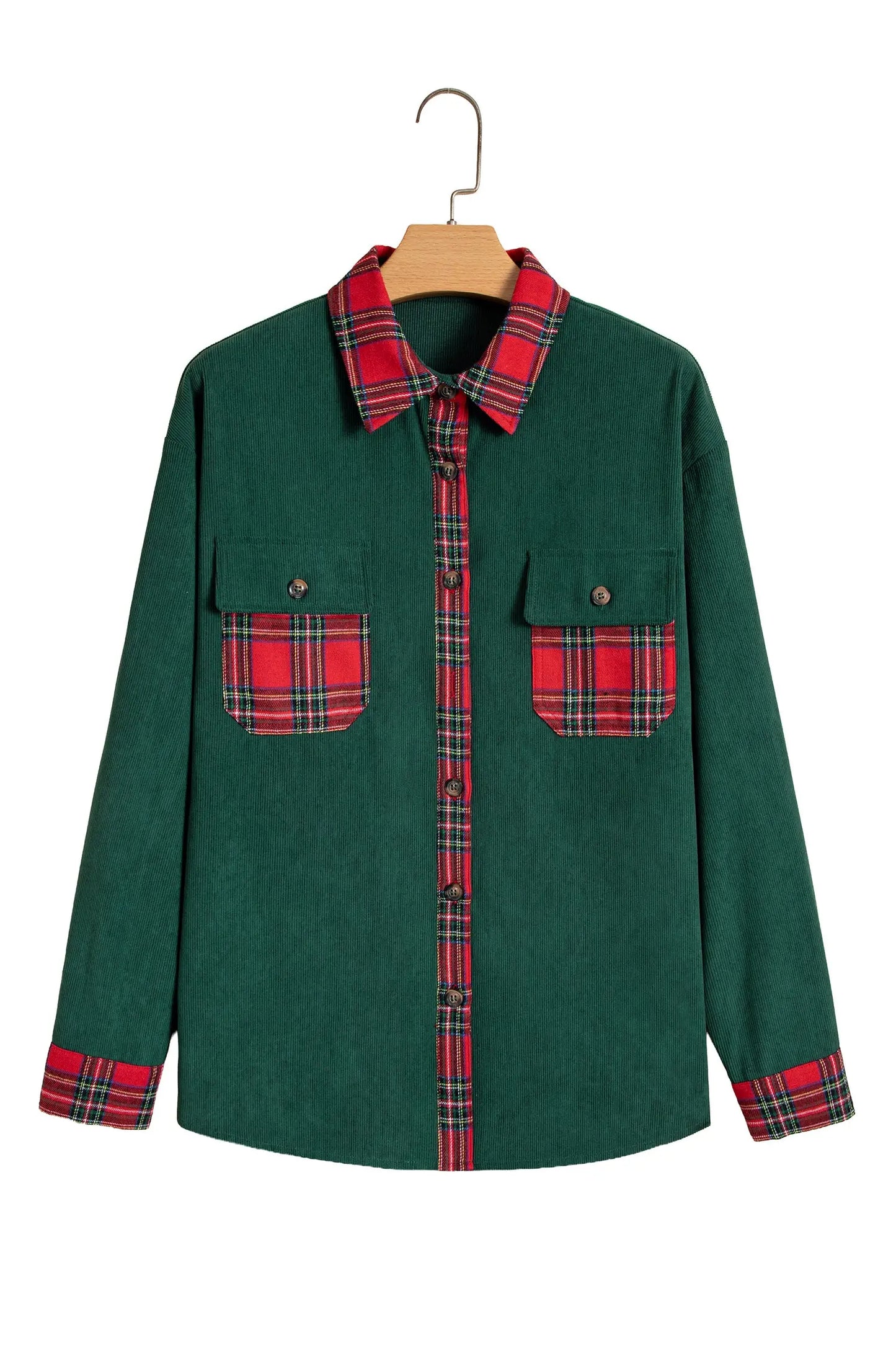 Blackish Green Plaid Pocket Button Long Sleeve Shift Shacket