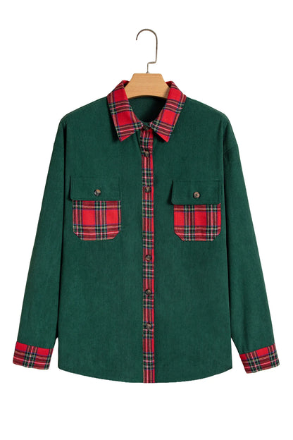 Blackish Green Plaid Pocket Button Long Sleeve Shift Shacket