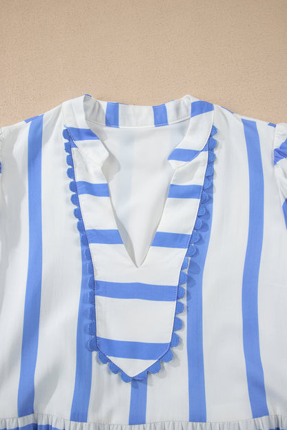 Green Stripe Ricrac Trim Notched Neck Half Sleeve Vacation Dress