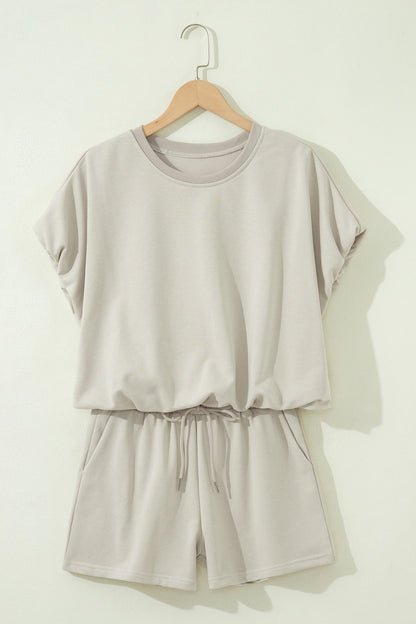Smoke Gray Solid Color Puffy Loose Top Drawstring Shorts 2pcs Outfit