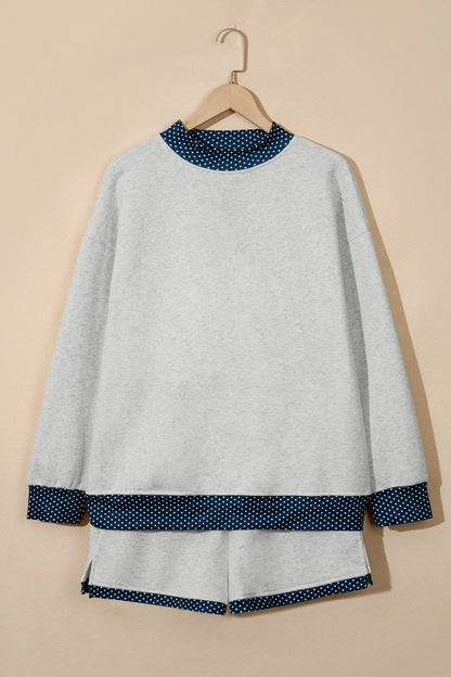 Light Grey Polka Dot Patchwork Mock Neck Pullover Casual Shorts Set