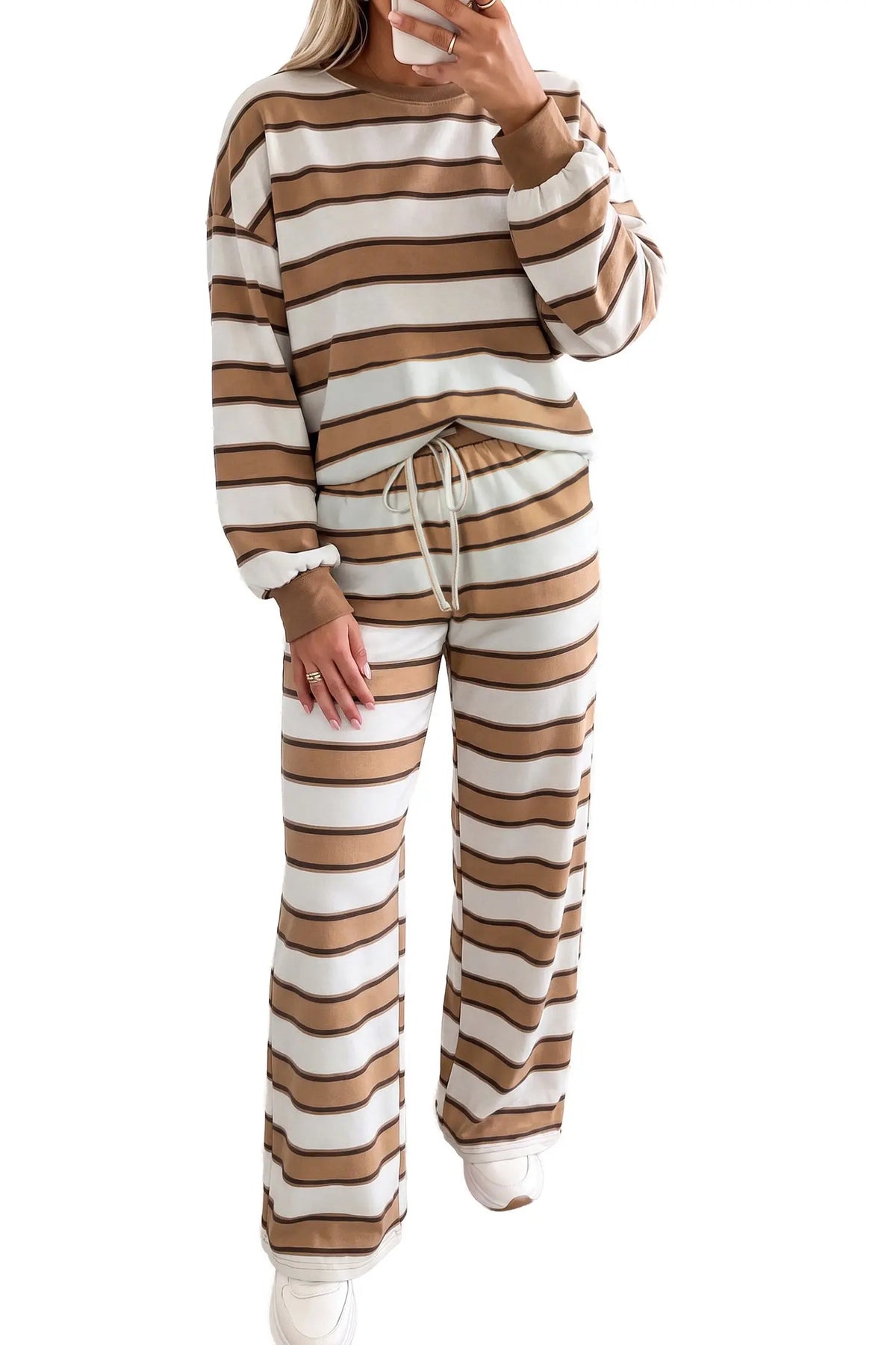Khaki Stripe Contrast Trim Patchwork Casual Two-Piece Pants Set