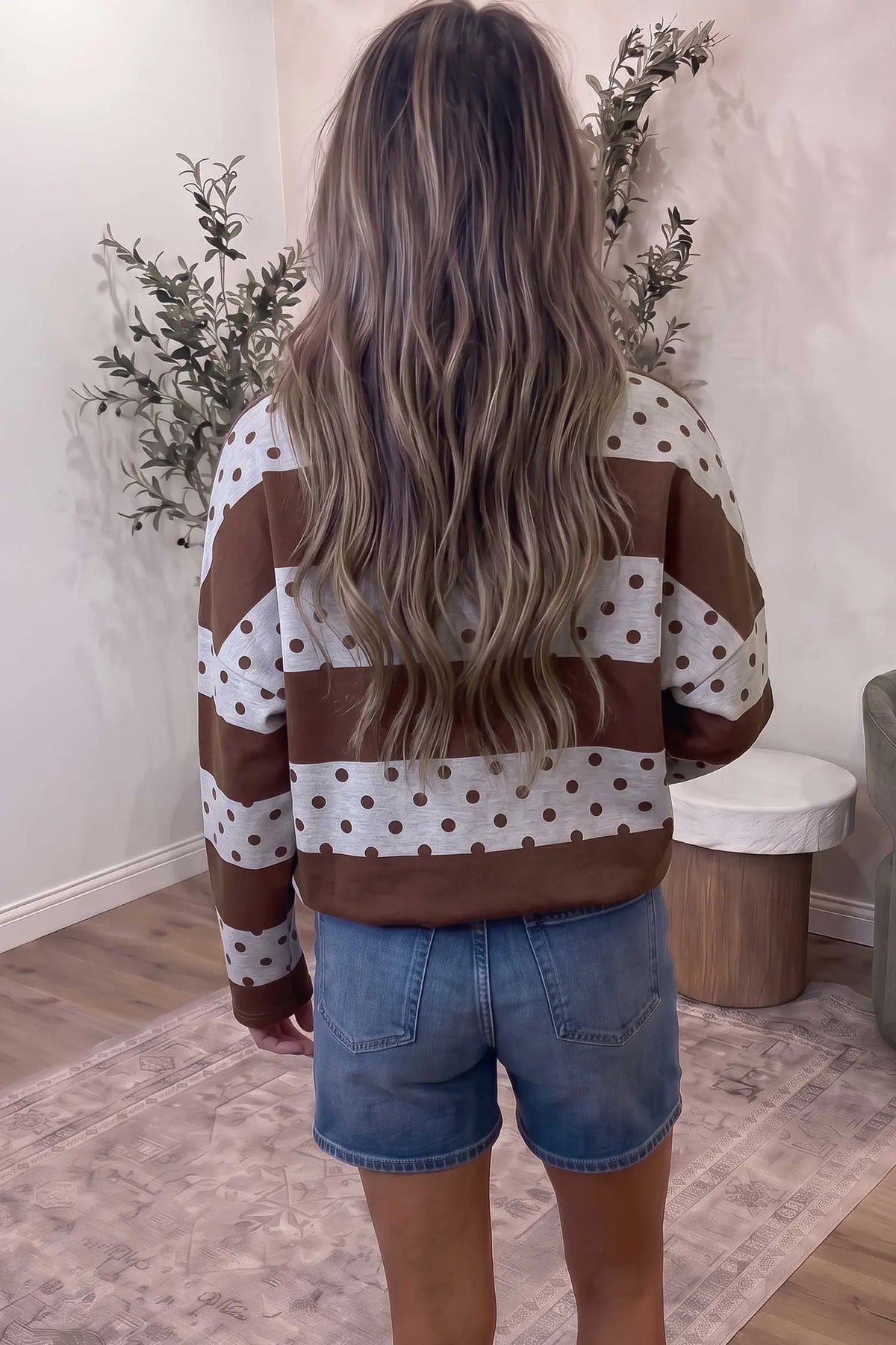 Brown Stripe Patchwork Polka Dot Accent Quarter Zip Long Sleeve Top model back view · nz-alt-v1