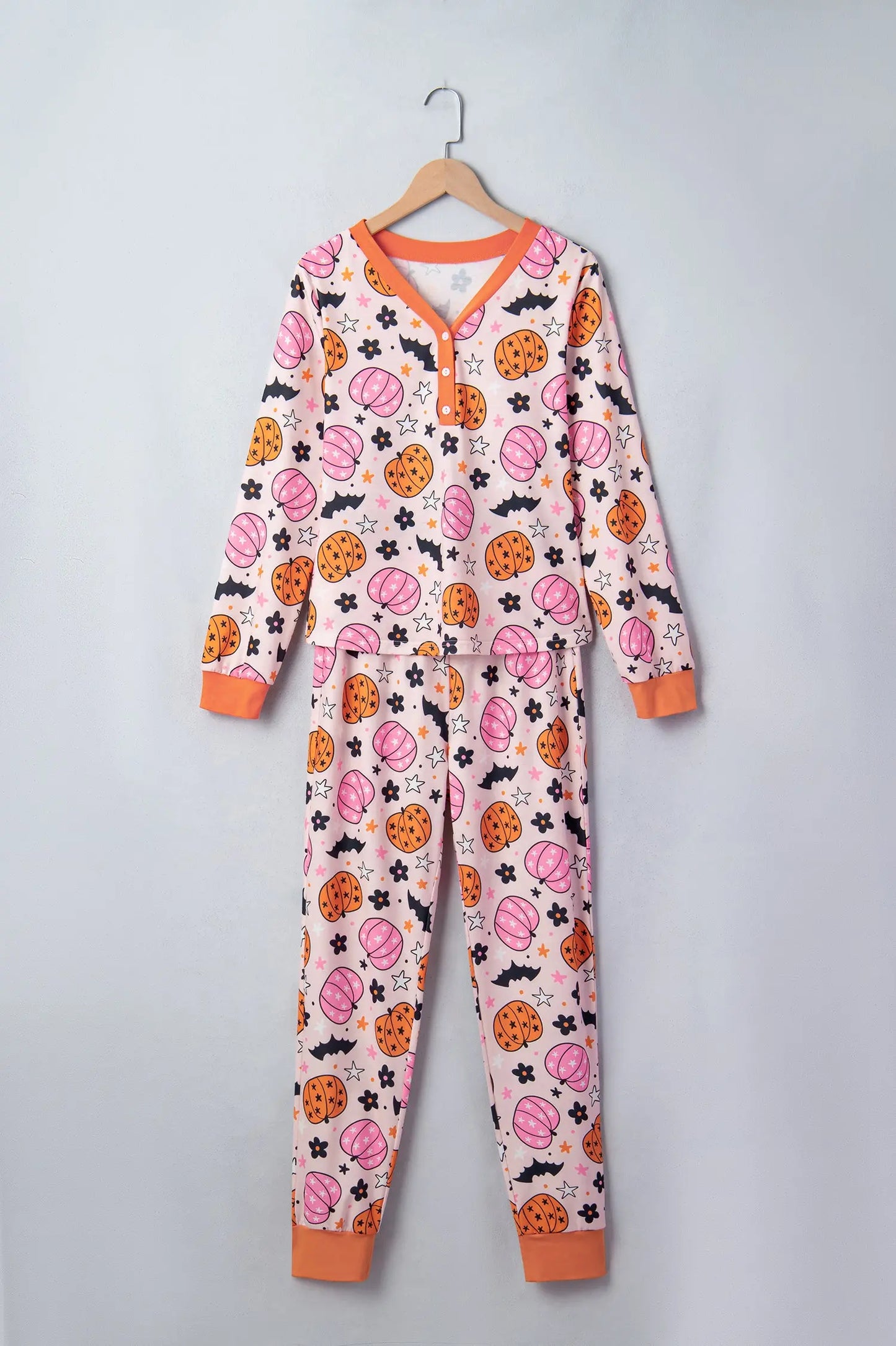 Pink Halloween Pumpkin Print Long Sleeve Home Wear Lounge Set