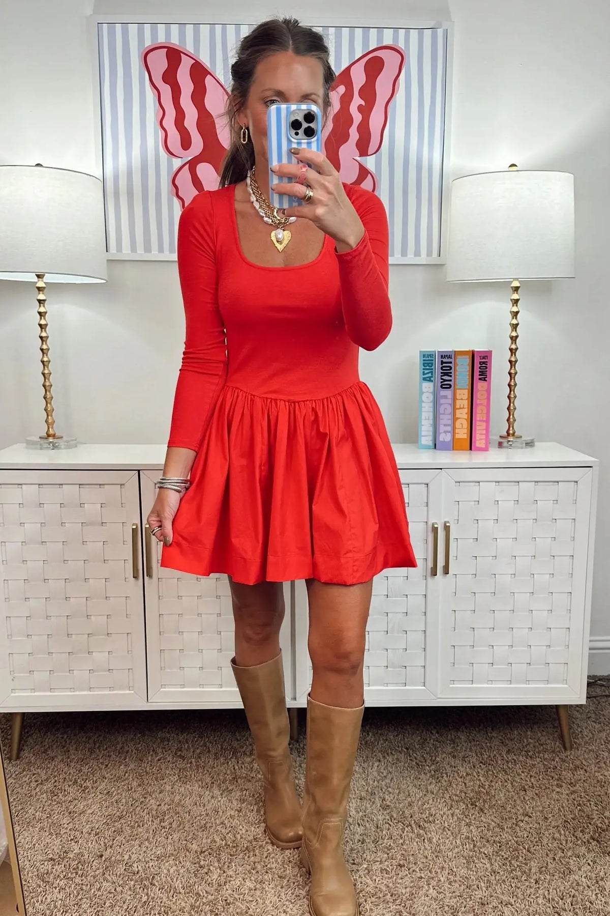 Fiery Red U Neck Long Sleeve Fit and Flare Short Dress model front view · nz-alt-v1
