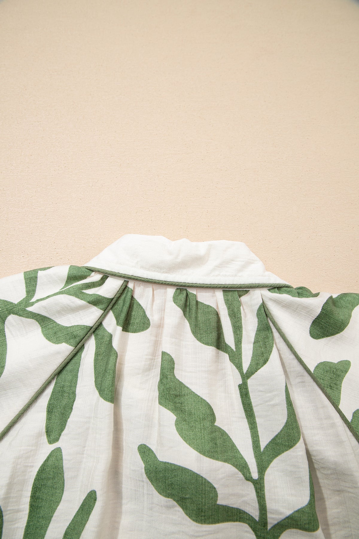 Green Leaf Print Short Balloon Sleeve Shirt