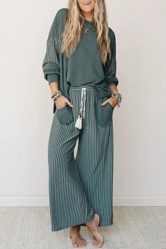 Green Bay Raw Seam Patchwork Long Sleeve Top Pocket Casual Pants 2pcs Set