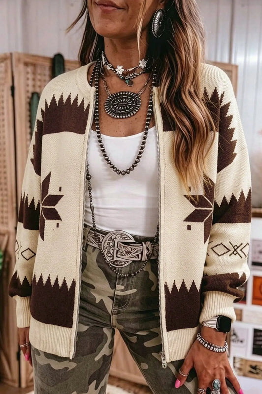 Beige Western Geometric Print Zip Front Loose Sweater Cardigan model front view · nz-alt-v1