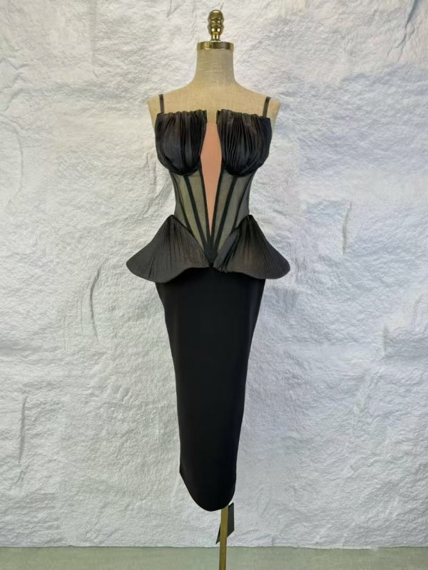 Pleated Corset Peplum Midi Dress with Sheer Panel mannequin view · nz-alt-v1