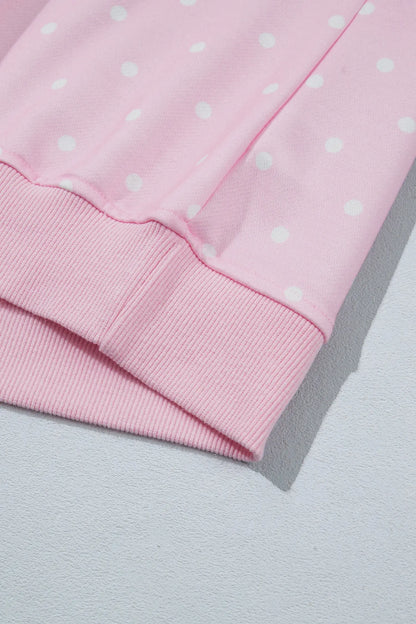 Pink Polka Dot Print Metal Button Collar Casual Pullover Sweatshirt