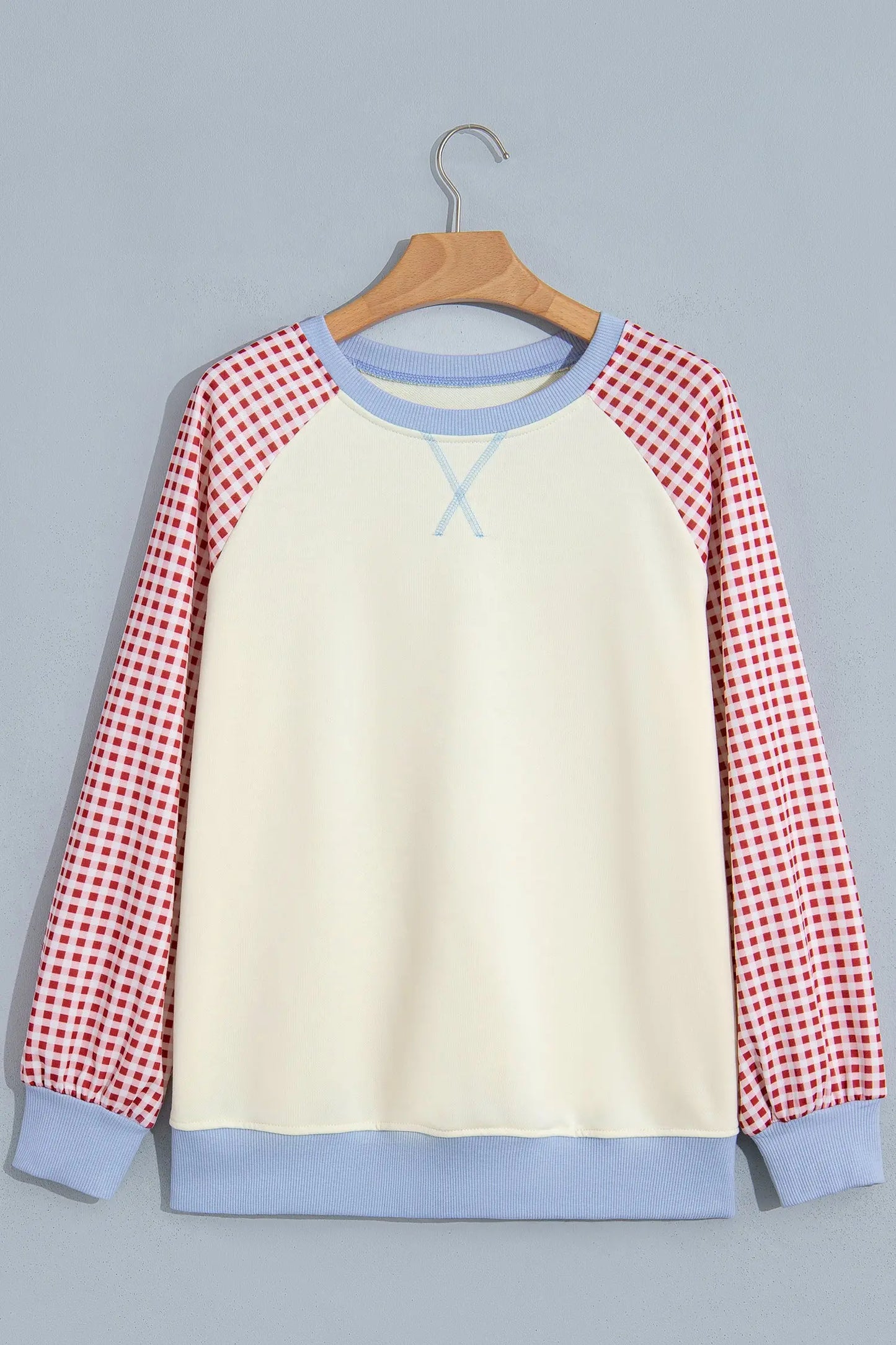 Beige Plaid Sleeve Colorblock Raglan Pullover Sweatshirt