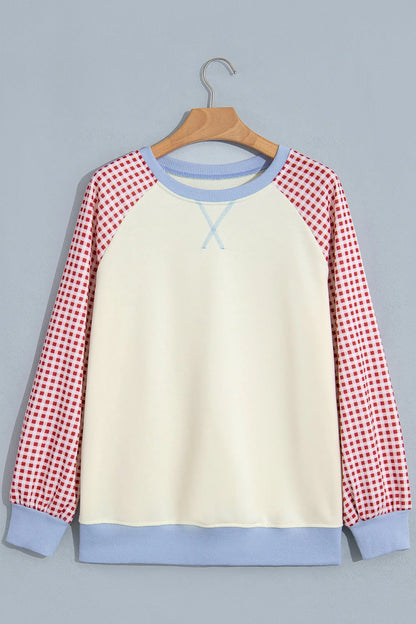Beige Plaid Sleeve Colorblock Raglan Pullover Sweatshirt