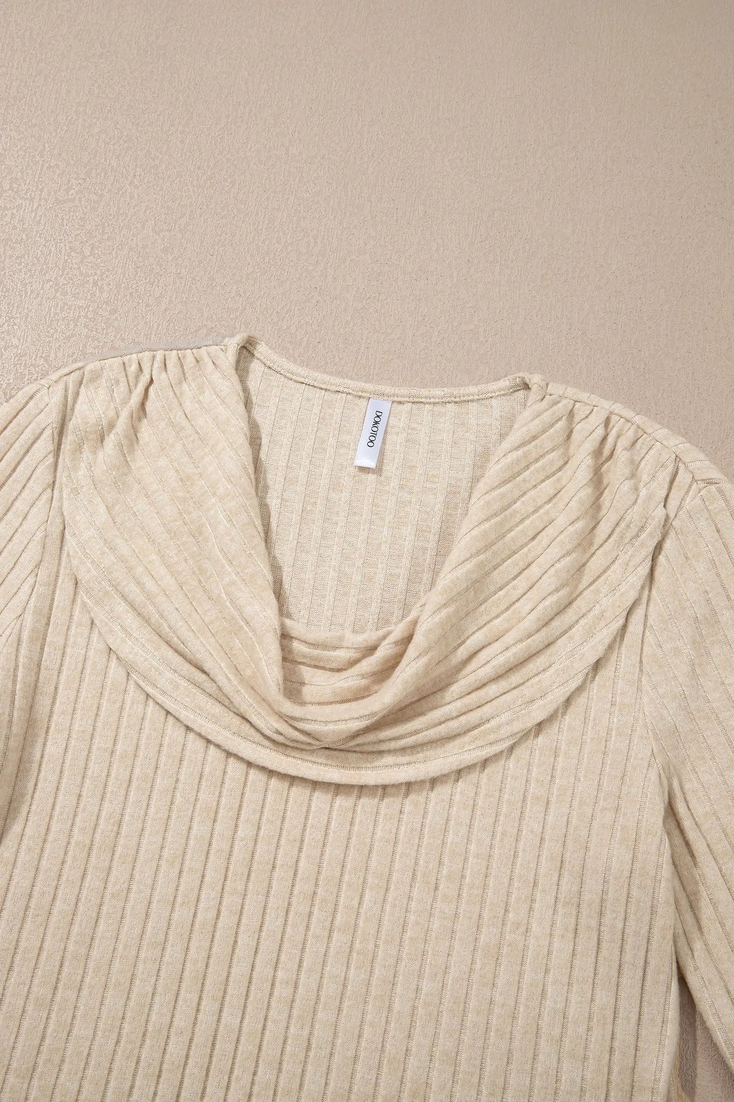 Apricot Solid Color Ribbed Knit Cowl Neck Long Sleeve Top