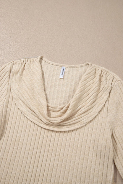 Apricot Solid Color Ribbed Knit Cowl Neck Long Sleeve Top