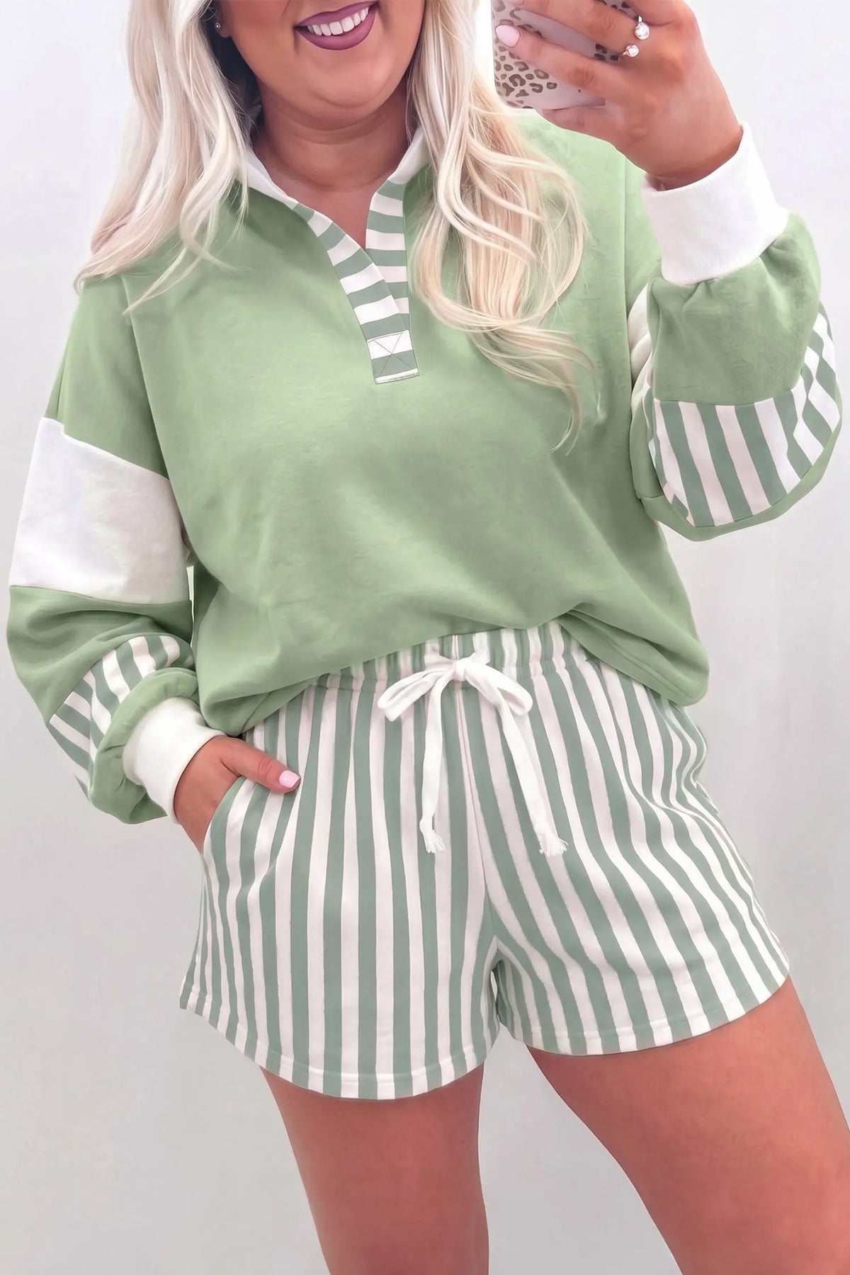 Smoke green striped patchwork V neck two piece shorts plus size set model front view · nz-alt-v1