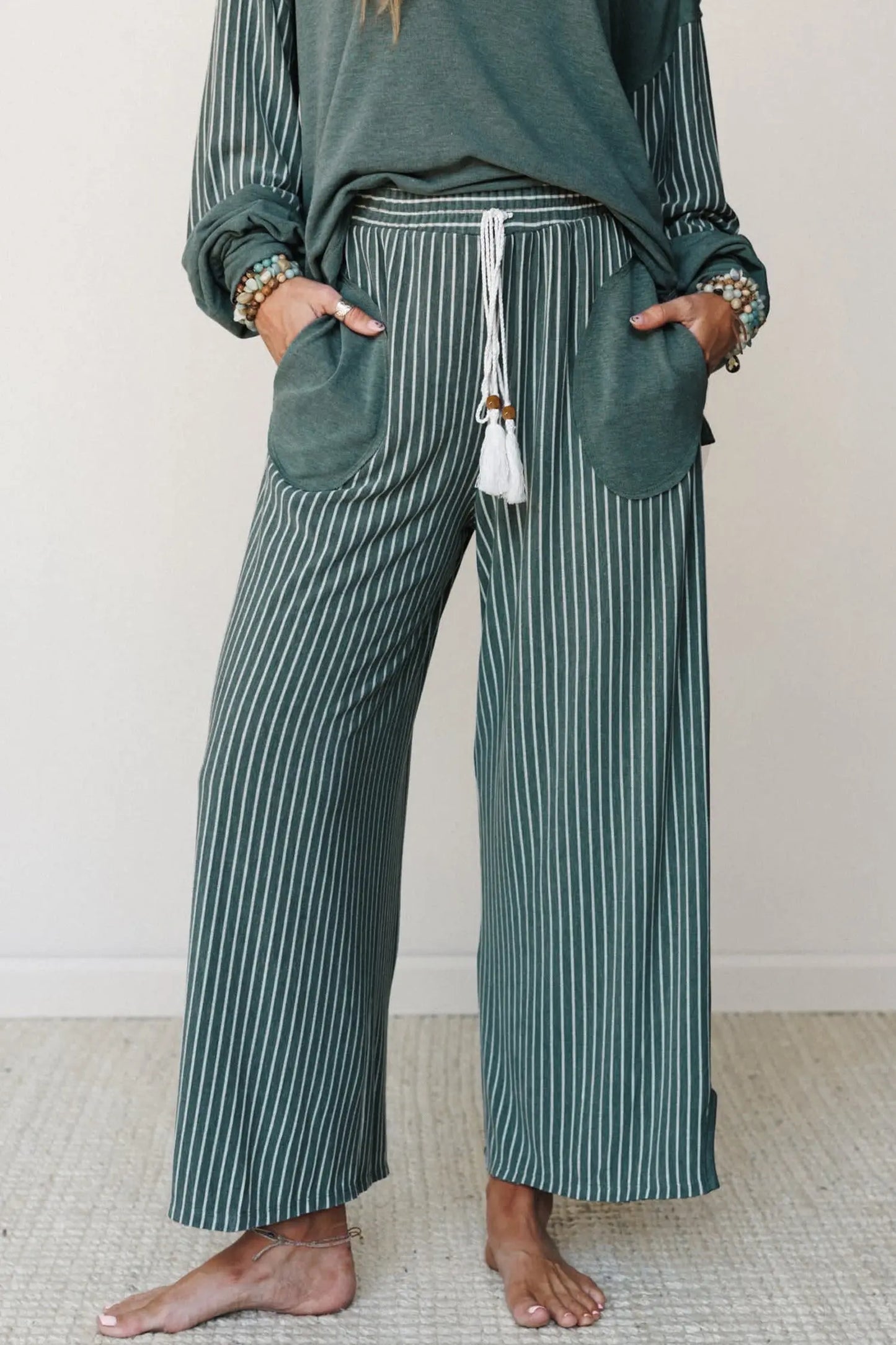 Green Bay Raw Seam Patchwork Long Sleeve Top Pocket Casual Pants 2pcs Set