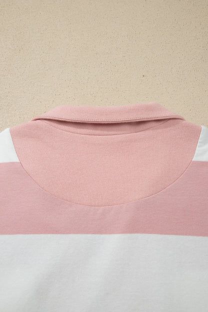 Pink Stripe Half Zip Bracelet Sleeve Top Casual Short Set