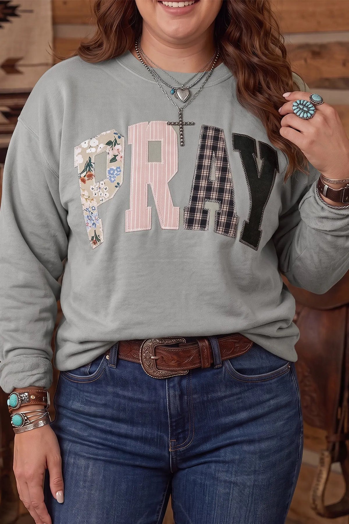 PRAY letter patchwork round neck plus size sweatshirt gray model front view · nz-alt-v1