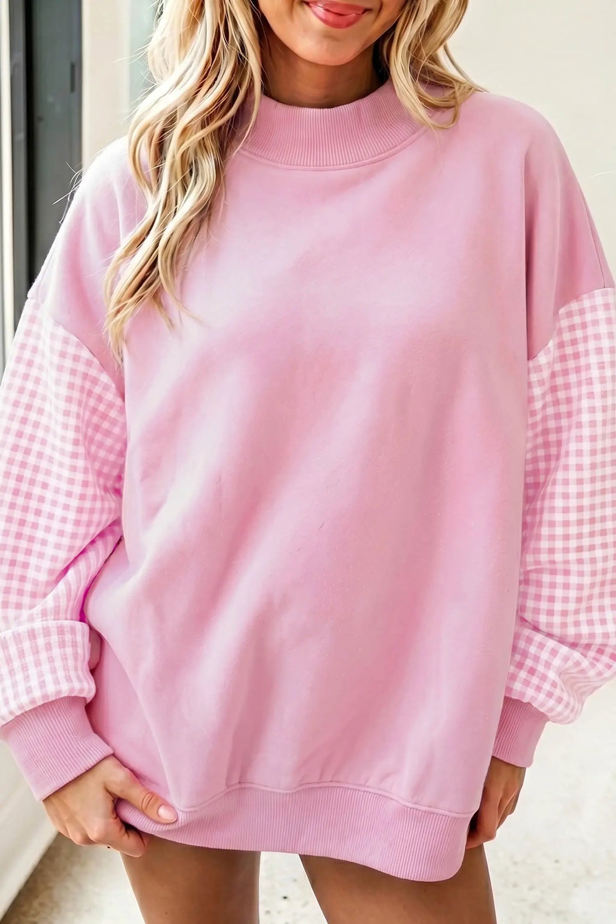 Navy Blue Plaid Sleeve Colorblock Loose Tunic Sweatshirt