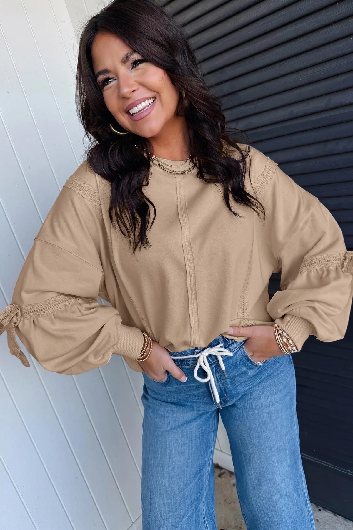 Parchment Solid Color Raw Seam Lace Detail Loose Casual Sweatshirt model front view · nz-alt-v1