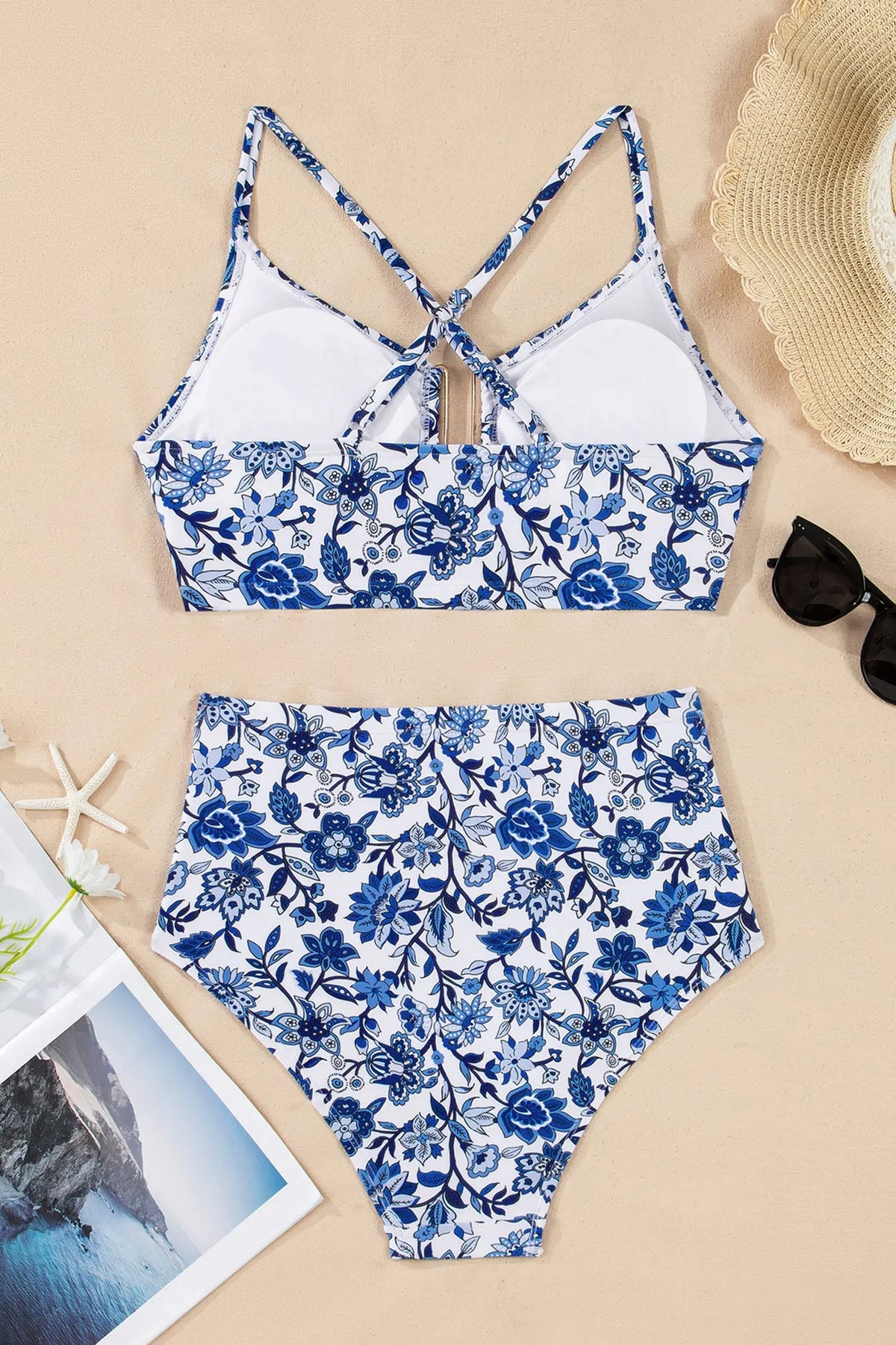 Blue Floral Print Hardware Accent Notched Neck High Waist Bikini Set flat lay view · nz-alt-v1