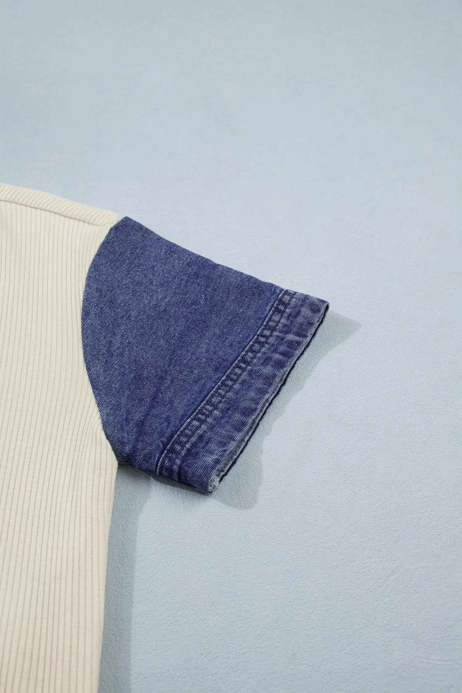 Beige Denim Patchwork Short Sleeve Ribbed Shirt Dear-Lover Dropshipping