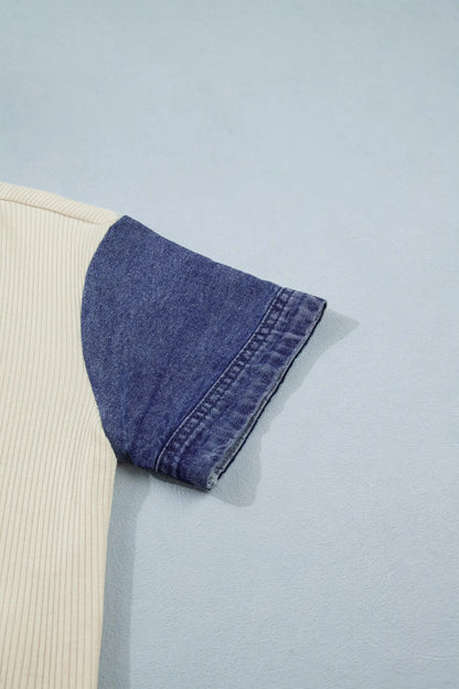 Beige Denim Patchwork Short Sleeve Ribbed Shirt Dear-Lover Dropshipping