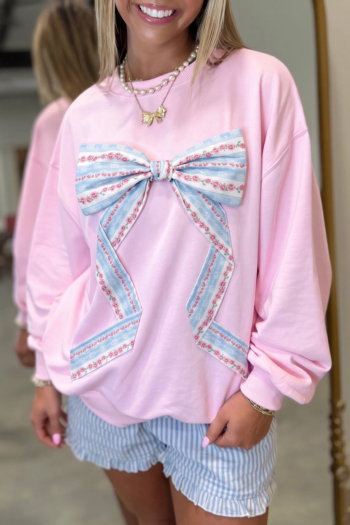Floral Bow Decoration Drop Shoulder Long Sleeve Top