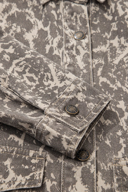 Khaki Abstract Print Long Sleeve Collar Raw Hem Denim Jacket