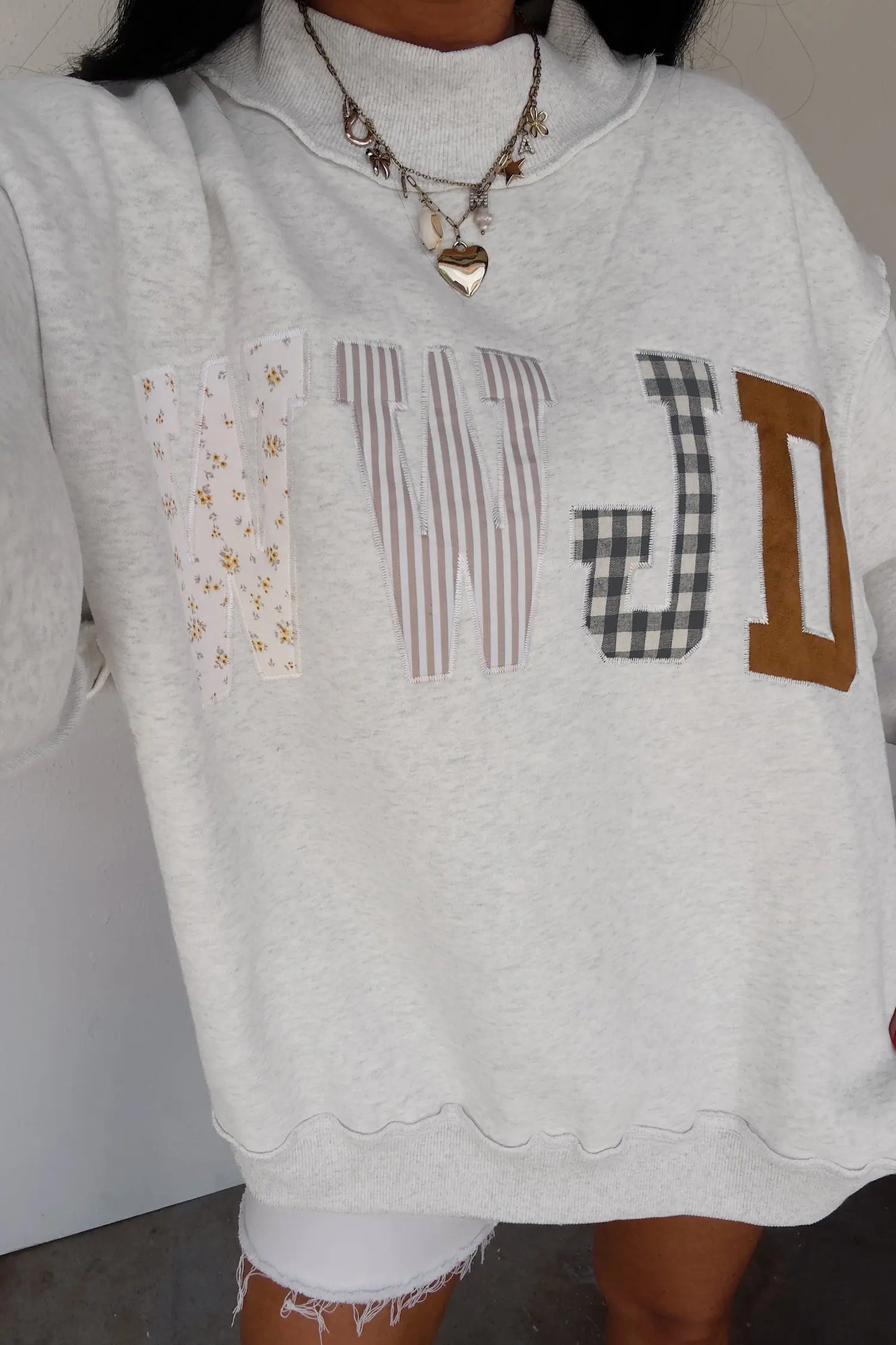 Coffee WWJD Mixed Pattern Embroidered Patch Graphic Mock Neck Sweatshirt