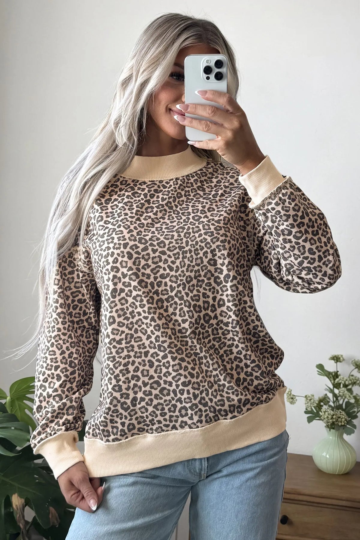 Brown Leopard Print High Neck Long Sleeve Ribbed Cuffs Hem Sweatshirt